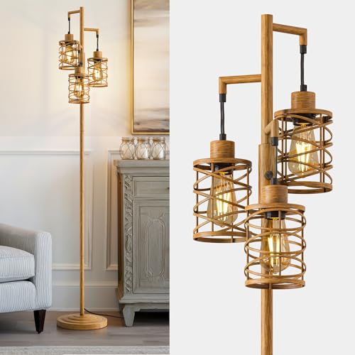 BOBOMOMO 70" Farmhouse Dimmable Floor Lamp, Light Wood Grain Industrial Metal Cage Standing Lamp with 3 LED Bulbs, Stepless Dimming Tall Tree Lamp for Living Room, Bedroom, Studio, Corner - color: Wood Grain