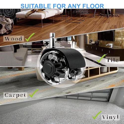 Office Chair Wheels Dual Rubber 2'' (Set of 5) Heavy-Duty Chair Wheels Support 2200lbs, Mute Rubber Chair Casters for Hardwood Floors and Carpet, Universal Fit 7/16 x 7/8 Inch (Black)