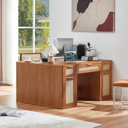 LEYAOYAO Office Desk 56" with 5 Drawers Storage File Cabinet, Tea Brown - color: Tea Brown