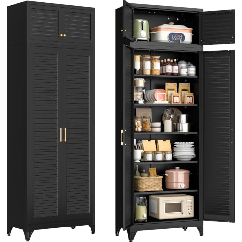 Polup 90" Tall Metal Kitchen Pantry Storage Cabinet with Doors and Shelves | Heavy-Duty Black Cabinet, 5 Adjustable Shelving, Gold Handles, Louvered Doors, for Dining Living Room, Bathroom & Garage - color: Black, size: 90"H - Louvered Door