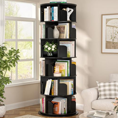 Aheaplus 5 Tier Wood Rotating Bookshelf, 360° Spinning Book Shelf Tower - color: Black, size: 6-Tier