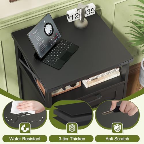 Halitaa Office Filing Vertical Cabinet with 2 Drawers, Black | Farmhouse Filing Cabinet with Open Storage Space, Wheels and Printer Stand for Hanging Files Letter/A4 for Home Office - color: Black, style: Vertical