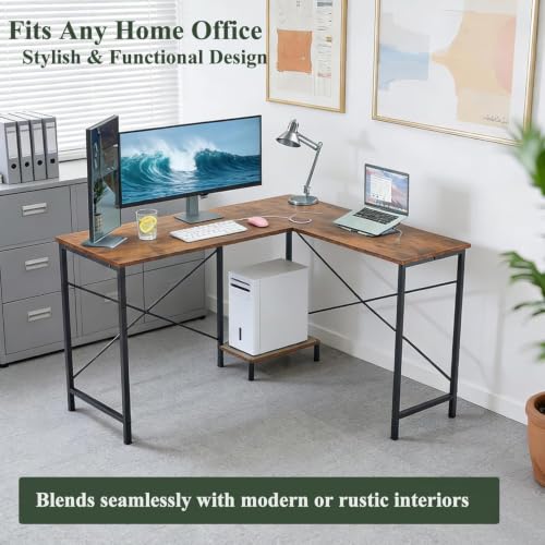 L Shaped Desk Computer Desk, 50inch Brown Gaming Desk with CPU Stand - color: Rustic Brown