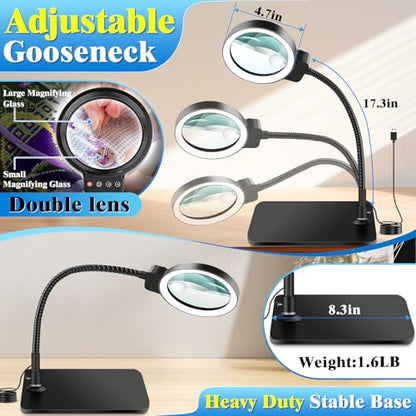 30X 10X Magnifying Glass with Light and Stand, LED Desk Lamp for Close Work - color: Black