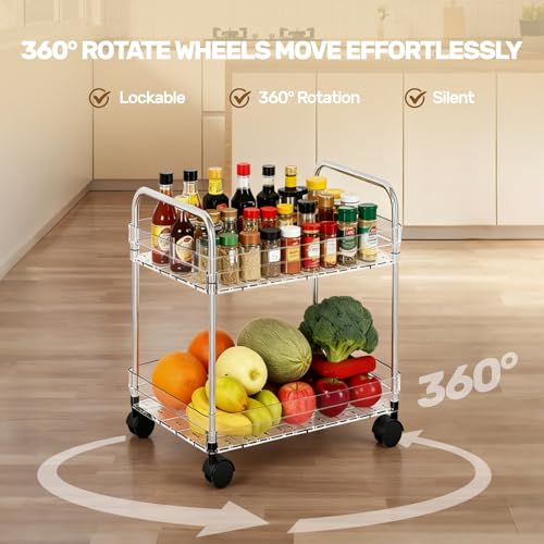 2 Tier Utility Rolling Cart with Wheels Multifunctional Storage Cart Under Desk Storage Organizer with Handle and Hooks for Home Kitchen Office Bathroom Organization Transparent