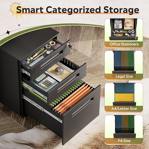 DEVAISE 3 Drawer Mobile File Cabinet, Fully Assembled Except Casters | Metal Filing Cabinet with Lock Under Desk for Home Office, Printer Stand fits A4/Letter/Legal Size, Black - color: Black, size: Thickened Steel 20" D x 15" W x 24" H