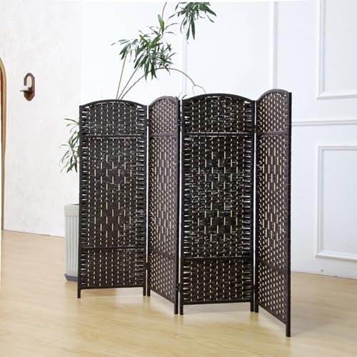 Compact 4 Panel Short Room Divider, 47.2 Inch Tall Double-Sided Rattan Folding Privacy Screen for Home & Office,Dark Brown - color: Dark Brown, size: 4 Panel