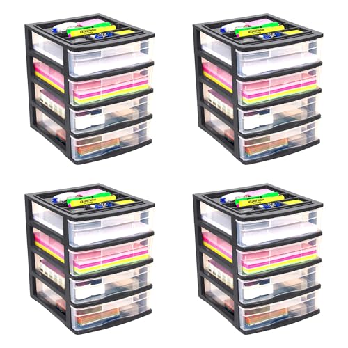 Gracious Living 4 Drawer Desktop & Countertop Organizer w/Organization Lid for Craft Storage, Office Supplies & School Supplies, Black/Clear (4 Pack) - size: 4 Pack