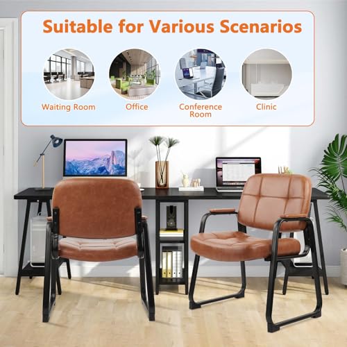 CLATINA Big Tall 400 lbs Waiting Room Chairs with Padded Arms Leather Guest Chair no Wheels for Office Reception Lobby and Conference Desk with Sled Base, Brown, 2PK - color: Brown, size: 2PK