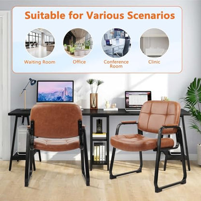 CLATINA Big Tall 400 lbs Waiting Room Chairs with Padded Arms Leather Guest Chair no Wheels for Office Reception Lobby and Conference Desk with Sled Base, Brown, 2PK - color: Brown, size: 2PK