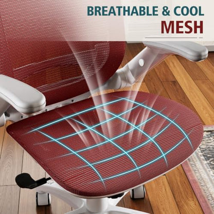GABRYLLY Ergonomic Office Chair, High Back Home Desk Chair with 2D Flip-Up Arms, 3D Headrest, 90-120° Tilt and Wide Cushion, Big and Tall Mesh Chairs for Man Woman, Computer Task Chair Red - color: White Frame Red Mesh