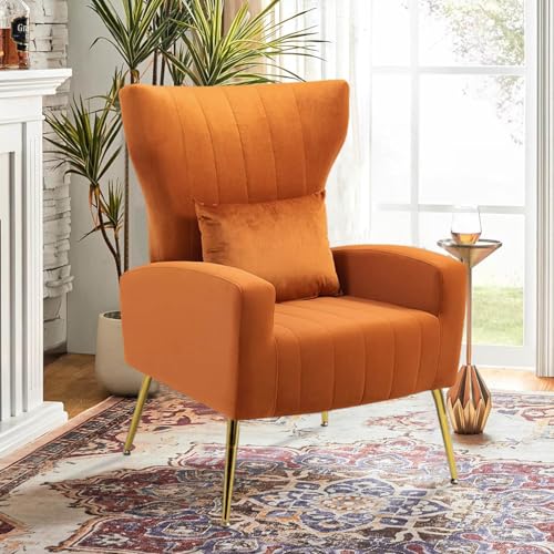 Modern Velvet Accent Chair for Living Room Bedroom, Wingback Chair with Arm & Gold Legs, Guest Reception Side Chair with Lumbar Pillow, Channel Tufted, Orange - color: Orange, size: 1PC with Channel Tufted