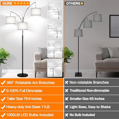Dimmable Floor Lamp, 3 Lights Black Arc Floor Lamp, Modern Tall Standing Tree Lamp with Grey Linen Shades & Heavy Base, 3000LM LED Bulbs, Bright Lighting for Living Room, Bedroom, Office & Reading - color: Matte Black-Gray Linen Shades
