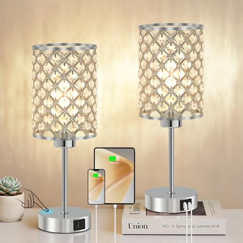 GyroVu Silver Crystal Bedside Table Lamps Set of 2 with USB C+A Ports - color: Silver-2, size: 14.75"