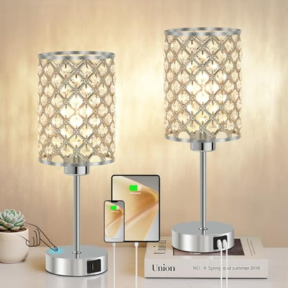 GyroVu Silver Crystal Bedside Table Lamps Set of 2 with USB C+A Ports - color: Silver-2, size: 14.75"