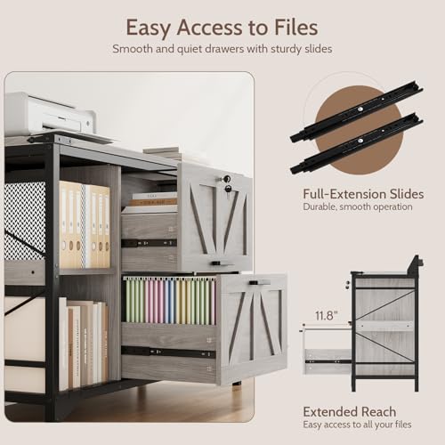 44" File Cabinet, Lateral Filing Cabinet for Home Office with 2 Drawers, Office Storage Cabinet with Lock and Key, Wooden Printer Stand with 4 Storage Shelves and Power Outlets, Office Furniture, Grey - color: Grey