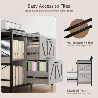 44" File Cabinet, Lateral Filing Cabinet for Home Office with 2 Drawers, Office Storage Cabinet with Lock and Key, Wooden Printer Stand with 4 Storage Shelves and Power Outlets, Office Furniture, Grey - color: Grey