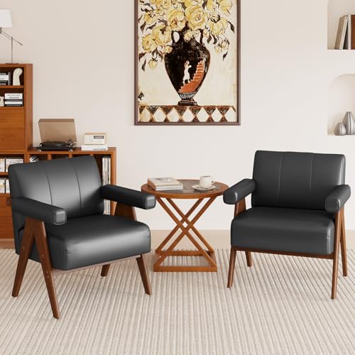 JIASTING Mid Century Modern Accent Chair Set of 2, Black Leather Armchair | JIASTING, Small, Comfy, Wood Arms, Living Room Bedroom, Office - color: Black