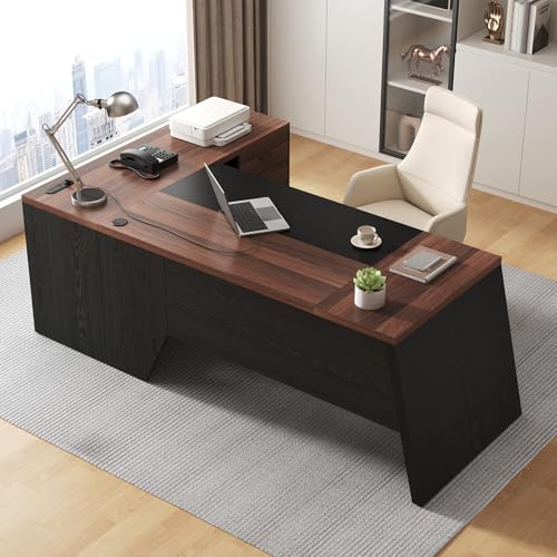 78-Inch L-Shaped Executive Desk with Drawer, Walnut Brown Black | Large Home Office Desk with Cord Hold and Power Outlet, Modern Computer Table with File Cabinet,Open Shelf and PC Stand - color: Walnut