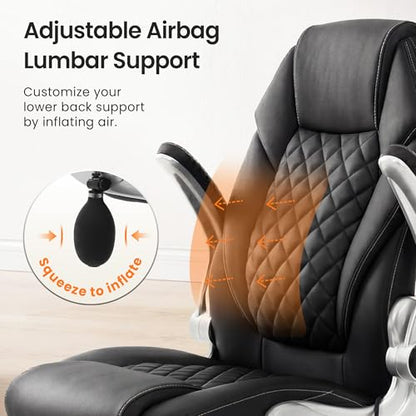 NEO CHAIR Ergonomic Office Chair, Executive Leather Chair, Lumbar Support | Executive Desk Chair with High Back, Flip-Up Arms and Wide Seat, Comfortable Gaming Chair for Home Office, Black - color: Black