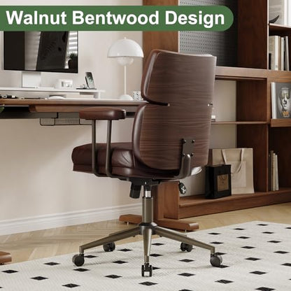 Mid-Century Modern Ergonomic Office Chair, Mid Back & Tufted, Brown | Faux Leather Executive Desk Chair, Walnut Bentwood Frame, Tufted Design, Swivel Computer Chair for Home Office, 300LBS Cap - color: Brown, size: Mid Back Style