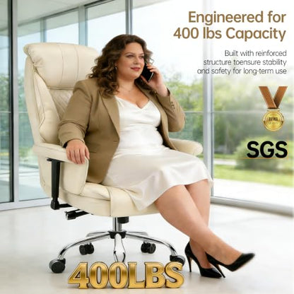 Big and Tall Office Chair - Executive High Back Leather Office Desk Chair with Adjustable Lumbar Support - Ergonomic Comfortable Heavy Duty Computer Gaming Chair with Padded Arms & Wide Seat - color: Beige