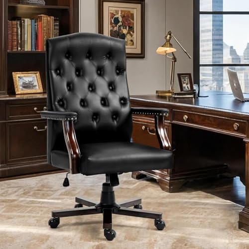 Tufted Office Chair, Faux Leather Executive Desk Chair w/High Back & Nail Head Trim,Ergonomic Wingback PC Chair for Home Living Room (Black) - color: Black