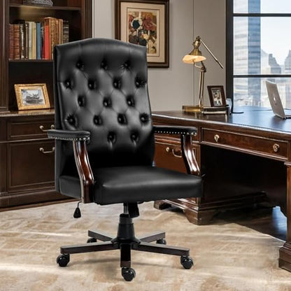 Tufted Office Chair, Faux Leather Executive Desk Chair w/High Back & Nail Head Trim,Ergonomic Wingback PC Chair for Home Living Room (Black) - color: Black