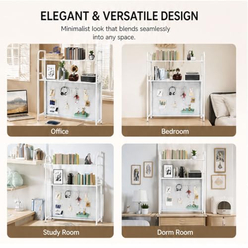 Desktop Hutch Bookshelf, 2-Tier Metal Desk Shelf Bookcase, Countertop Storage Organizer, Multipurpose Display Rack with Pegboard Hooks Screwdriver Set for Dorm Office Home (White, 29.53")
