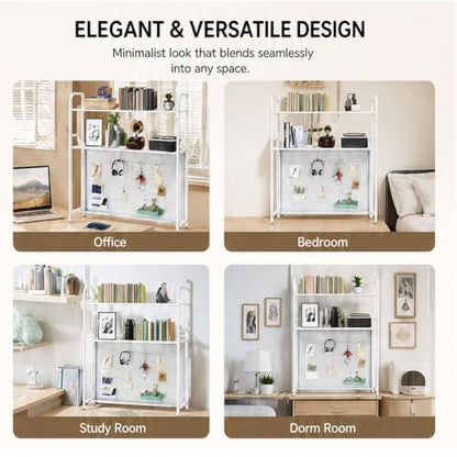 Desktop Hutch Bookshelf, 2-Tier Metal Desk Shelf Bookcase, Countertop Storage Organizer, Multipurpose Display Rack with Pegboard Hooks Screwdriver Set for Dorm Office Home (White, 29.53")