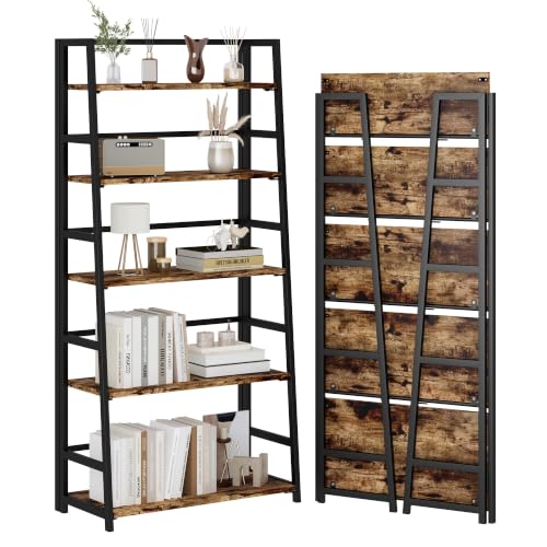 JSB 5 Tier Bookshelf, No Assembly Folding Ladder Bookshelf, 51.6in Tall Foldable Ladder Shelf, Bookcase for Home Office, Living Room,Space-Saving (Rustic & Brown, 5 Tier) - color: Rustic & Brown