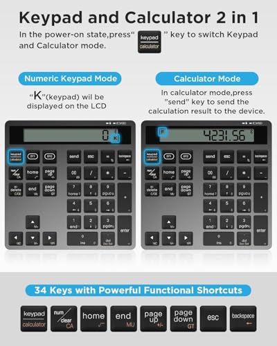 JOYEKY Wireless Number Pad Bluetooth Numeric Keypad for Laptop | Number Pad for Laptop,USB-C Rechargeable,34-Keys Bluetooth Numeric Keypad - size: L329