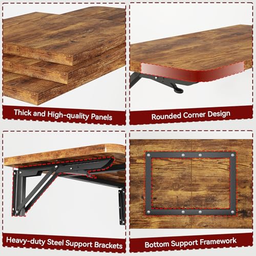 IBUYKE Wall Mounted Folding Table, Floating Wall Desk for Small Spaces, Fold Down Laundry Shelf with Heavy-Duty Brackets, Wall Table for Home Office/Bar/Kitchen/Dining, Rustic Brown UTVT005H - color: Rustic Brown