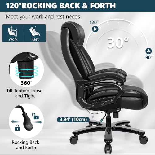 Big and Tall 500lbs Office Chair,Heavy Duty Large PU Leather Executive Desk Chair with Wide Seat, Adjustbale Ergonomic Lumbar Support High Back Rocking Computer Chair for Heavy People - color: Black