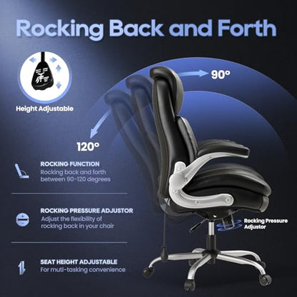 MALOL Office Chair Big and Tall- High Back Executive Office Chair- Ergonomic Home Computer Desk Chair with Padded Flip-up Arms, Adjustable Lumbar Support, Wide & Thick Seat for Adult-Black - color: Black