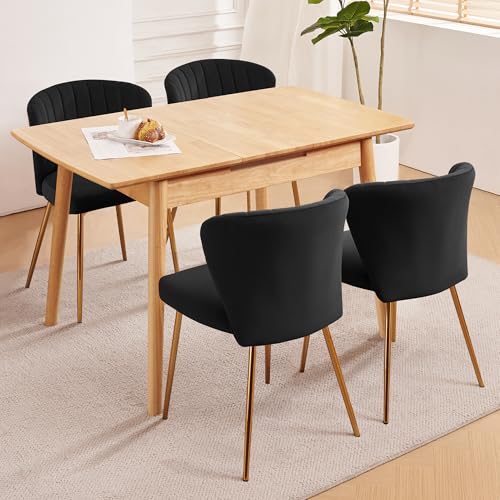 Velvet Dining Chairs Set of 2, Modern Upholstered Vanity Chairs with Golden Metal Legs for Dining Room Kitchen Vanity Patio (Black) - color: Black