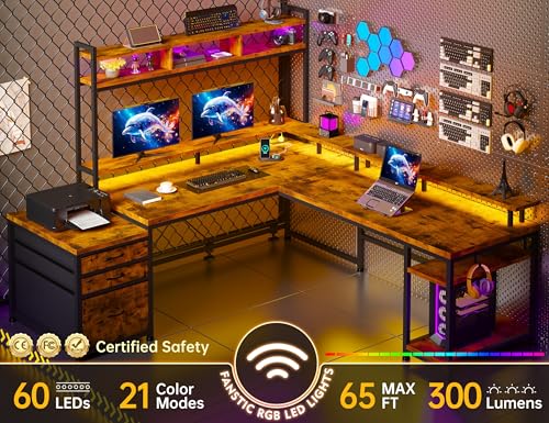 EnHomee 104" L Shaped Desk, 4 Layout Convertible RGB Lights & Monitor Stand - color: Rustic Brown