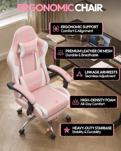 Dowinx Ergonomic Gaming Chair with Footrest & Massage Lumbar, 2D-Linkage Armrests for Computer Chair 330lbs with Headrest Pillow for Office, Home, Streaming and Long Gaming Sessions, Bright Pink - color: Blush Pink