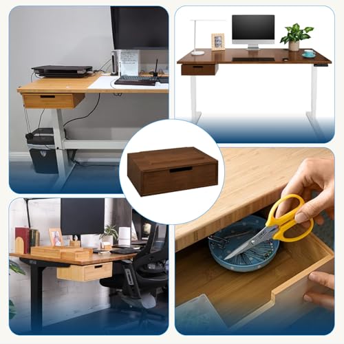 Bamboo Under Desk Drawer – Desktop Storage with 17 lb Capacity and Safety Stop Slide, Undermount Drawer and Standing Desk Accessories for Home Office (Dark Bamboo) - color: Dark Bamboo