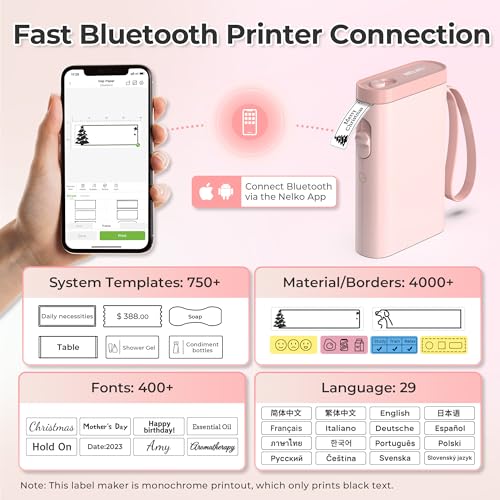 Nelko P21 Label Maker Machine with Tape, Bluetooth Label Printer, Pink - color: Pink