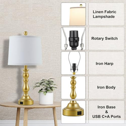 Gold Table Lamps Set of 2, Gold Lamps for Bedroom, USB C+A Ports - color: F. White Shade & Gold Base