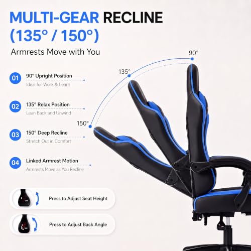 Desk Computer Gaming Chair - High Back Ergonomic Office Chair with Footrest and Lumbar Support, Swivel Comfy Home Gamer Video Game Chairs with Pocket Spring Cushion for Adults (Blue Leather) - color: Classic Blue Leather