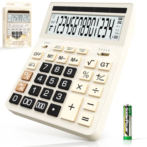 Calculators Desktop, 2026 Upgrade 14 Digit Large Size Calculator with 5-Inch LCD Display and Solar Power, Office Calculator for Desk (White) - color: Cream