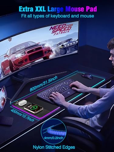 Mouse Pad with Magnetic Wireless Charging, Large Desk Pad Protector, RGB Black Desk Mat with 15W Fast Charger, Non-Slip Waterproof Mousepad for Office Home Gaming - color: Black Magnetic Charging 31.5x15.75"