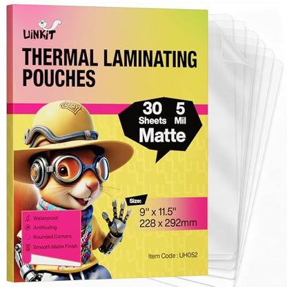 Uinkit 5mil Matte Thermal Laminating Pouches 9 x 11.5 Inches | Thicker Clear Anti-Glare 30 Pack Fitted for Letter Size Laminating Sheets 8.5 x 11 - color: Matte, size: 30 Pack