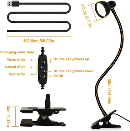 Clip on Light Reading Light for Bed 3 Color Modes Black | 10 Dimmable Brightness Eye Care Clamp Desk Lamp 360° Flexible Desk Book Light for Reading Bed Headboard Computer - color: Black