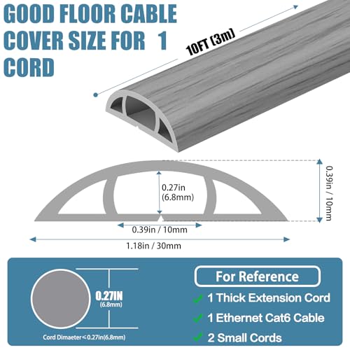 Floor Cord Covers for Wires 10FT Cable Hider Wire Cover Self Adhesive Cord Hider Floor for Offices, Homes, Workshops, Warehouses Cable Cavity 0.39" W x 0.27" H - color: Grey Wood, size: 1.18" x 10'