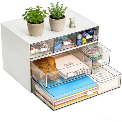 Lyellfe 3 Tier Small Desk Organizer with 6 Drawer, Stackable Desktop Storage Box, Portable Size Office Supplies Jewelry Storage Case, Makeup and Stationary Organizer for Cosmetic, School Supply