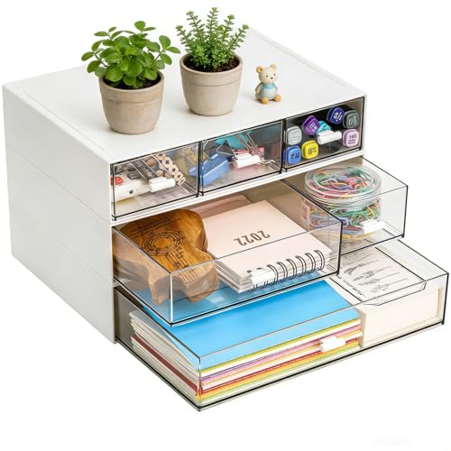 Lyellfe 3 Tier Small Desk Organizer with 6 Drawer, Stackable Desktop Storage Box, Portable Size Office Supplies Jewelry Storage Case, Makeup and Stationary Organizer for Cosmetic, School Supply