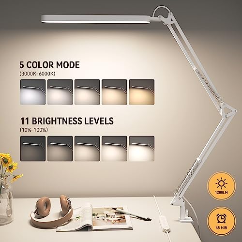 SKYLEO Led Desk Lamp - 31.5" Desk Light - 5 Color Modes X 11 Brightness Levels - Adjustable Swing Arm - Timmer & Memory Function - 12W Study Lamp - White - style: White swing arm